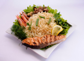 Instant noodles, food, pasta, fish, shrimp, mussel, seafood