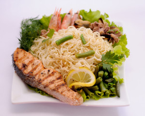  food, salad, instant noodles, pasta, shrimp, fish, mussel, seafood, italian
