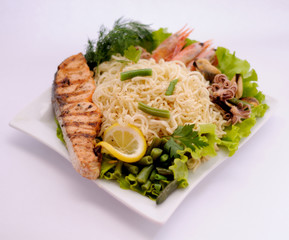  food, salad, instant noodles, pasta, shrimp, fish, mussel, seafood, italian