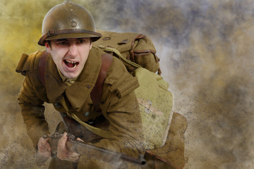 French soldier in 1940's uniform, attacking