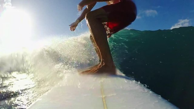 POV man surfing ocean wave. Summer extreme sports HD slow motion