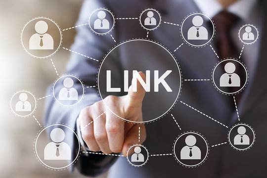 Businessman push online button link network icon.