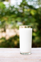 glass of milk on wooden table with natural background.