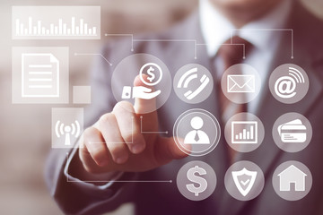 Businessman pressing button dollar currency network online icon