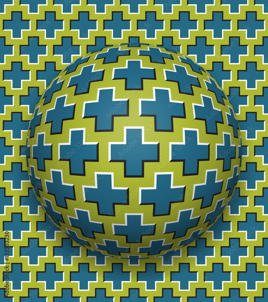 Poster crosses patterned ball rolling along the same surface. abstract vector optical illusion illustration
