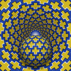 Optical illusion illustration. Ball is moving in mottled hole. Yellow crosses on blue pattern objects. Abstract fantasy in a surreal style.