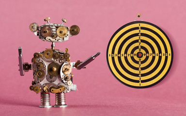 Steampunk robot handyman with screw drivers dart board, vintage yellow black shooting target red...