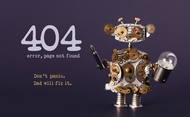 Error 404 page not found template for website. Steam punk style toy robot toy with screaw driver...