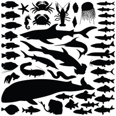 Fish and sea animal collection - vector silhouette
