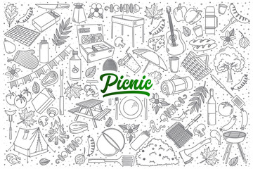 Hand drawn set of picnic doodles with green lettering in vector - obrazy, fototapety, plakaty