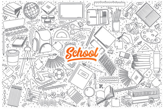 Hand drawn set of school doodles with orange lettering in vector