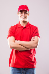 Deliveryman with crossed arms