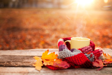 Naklejka na ściany i meble Tea mug and warm scarf with fallen leaves