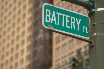 Obraz premium Battery Place street sign in vicinity of Battery Park and South Ferry station, lower Manhattan