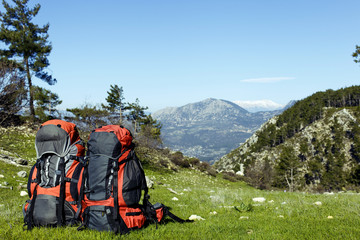 Backpack in the mountains with views of the mountains.