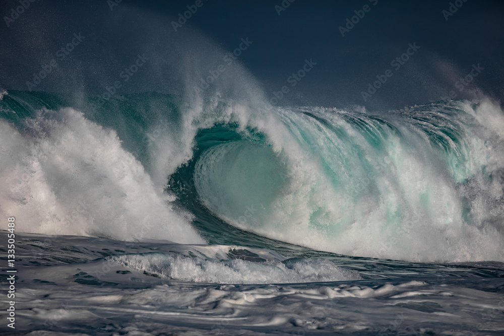 Wall mural huge waves crashing in ocean. seascape environment background. water texture with foam and splashes.