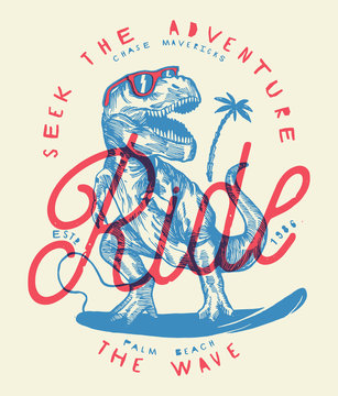 ride the wave - dinosaur surfer drawing vintage print.