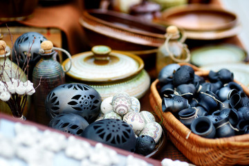 Ceramic dishes, tableware and jugs sold on Easter market in Vilnius, Lithuania