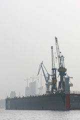 Obraz premium Floating dock in the harbor of Hamburg. Cranes of shipyard in misty morning on the Elbe river.