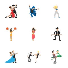 Dancing people icons set, cartoon style