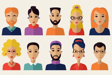 An illustration of people of different faces, avatars, icons, human head, women, men