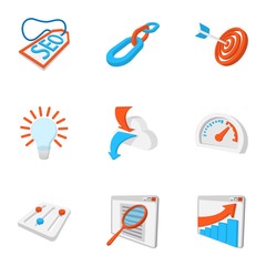 SEO promotion icons set, cartoon style