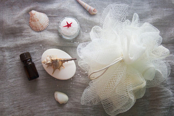 Shell, aromatherapy oil,bath sponge, and a jar of sea salt on a grey cloth background. Spa concept.
