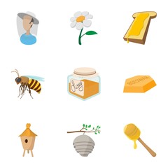 Beekeeping icons set, cartoon style