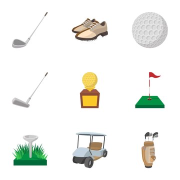 Active golf icons set, cartoon style