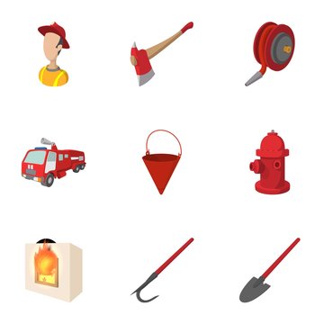Protection from fire icons set, cartoon style