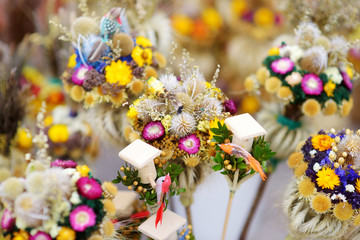 Traditional Lithuanian Easter palm known as verbos sold on Easter market in Vilnius, Lithuania