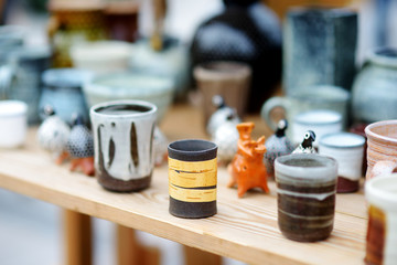 Ceramic dishes, tableware and jugs sold on Easter market in Vilnius, Lithuania