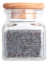 Poppy seeds in a glass bottle. Isolated on white background
