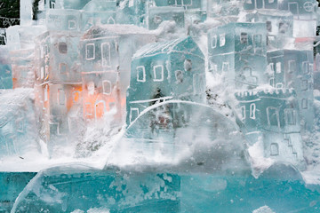 Ice sculpture, small house from ice. Ice masters competition at Hrebienok, Slovakia