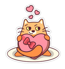 Fat cat sticker for Valentine's Day holidays. Cartoon style design. Vector illustration with red pet in love. Heart shaped gift box.