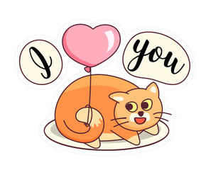 Fat cat sticker for Valentine's Day holidays. Cartoon style design. Vector illustration with red pet tied to heart-shaped air balloon