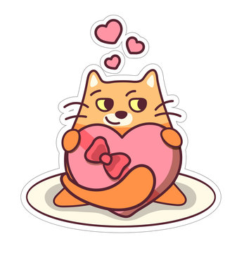 recommend clip art: Fat cat sticker for Valentine's Day holidays. Cartoon style design. Vector illustration with red pet in love. Heart shaped gift box.