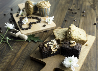 Baking a dessert, brownies, cake and coffee sign of love decoration