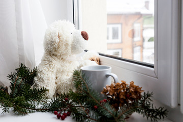 Cute white plush teddy bear with tea cup looking through the window sitting on sill. Christmas decoration with fir tree branches, dry flowers and red wild rose berries. Winter ideas.
