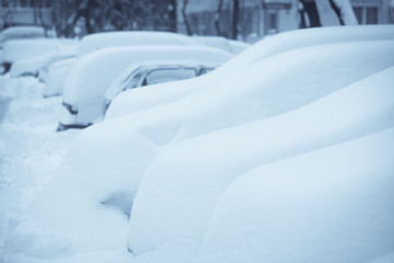 Row of snow-covered cars