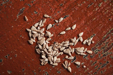A handful of shelled sunflower seeds on a rough old brown surface with peeling paint
