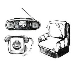 Old stuff on white background. Phone, tape recorder, chair. Vintage style, hand drawn.
