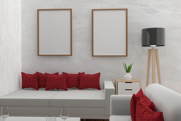 living room with mock up interior modern in the concrete room in 3D render image