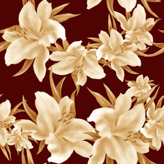 Fototapeta premium Lily flowers - wallpaper. Drawing pastel. Seamless pattern. Wallpaper. Use printed materials, signs, items, websites, maps, posters, postcards, packaging.