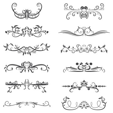 Vector set of calligraphic design elements in black lines swirl on white background