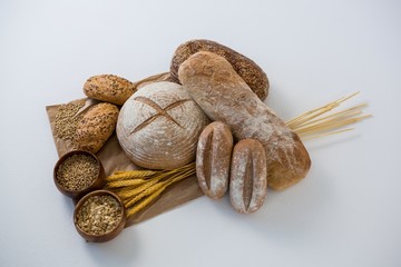 Various bread loaves with wheat grains