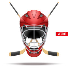Naklejka premium Ice hockey symbol with goalie helmet and sticks. Design elements. Illustration isolated on white background.