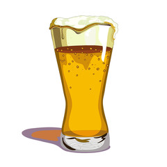 Tall beer glass with foam dripping down and moisture beads on the glass.
