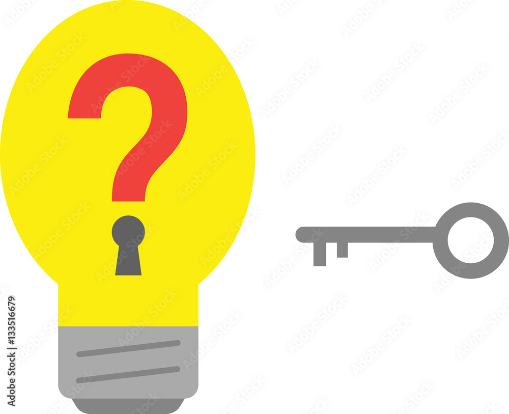 Poster light bulb with question mark keyhole and key