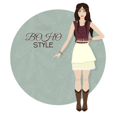 Young beautiful woman. Boho style fashion girl. Vector illustration.